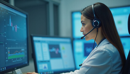 Female doctor analyzing data on multiple screens during telemedicine session, wearing headset for virtual consultations