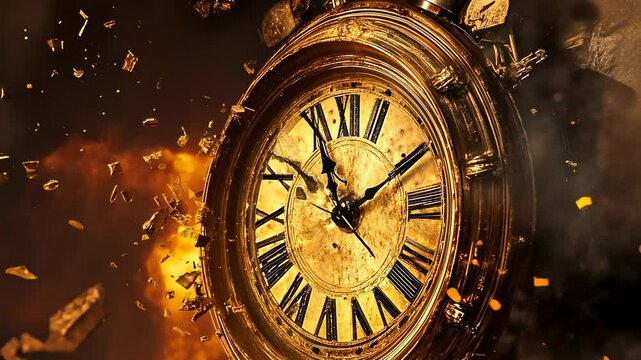 A vintage clock is seen exploding in a fiery background in this dramatic scene. The golden hues and flying debris capture a sense of urgency and chaos, evoking the fleeting nature of time and the