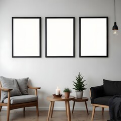 Gray living room interior with armchairs , mock up gallery posters.