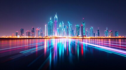 Digital Abu Dhabi skyline, hologram skyscraper projection, futuristic UAE