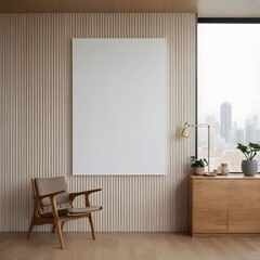 Beige living room interior, armchair and poster, Modern cozy mock up and decoration furniture of living room and empty canvas frame.
