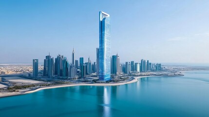 Obraz premium Digital Abu Dhabi skyline, hologram skyscraper projection, futuristic UAE