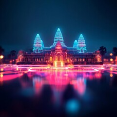 Fototapeta premium Digital Angkor Wat, neon hologram, augmented reality temple, futuristic Cambodia