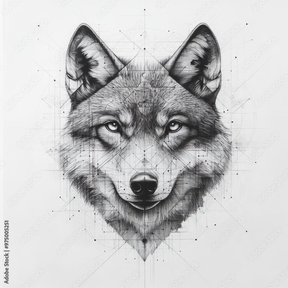 Wall mural Detailed wolf illustration with geometric patterns.