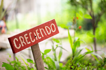A red sign with white writing that says Creciendo. The sign is placed in a garden with green plants and trees