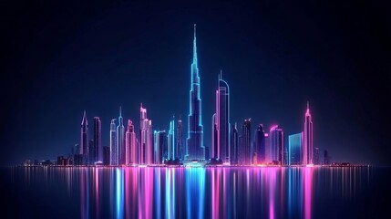 Digital Burj Khalifa, virtual skyscraper projection, neon skyline, advanced Dubai