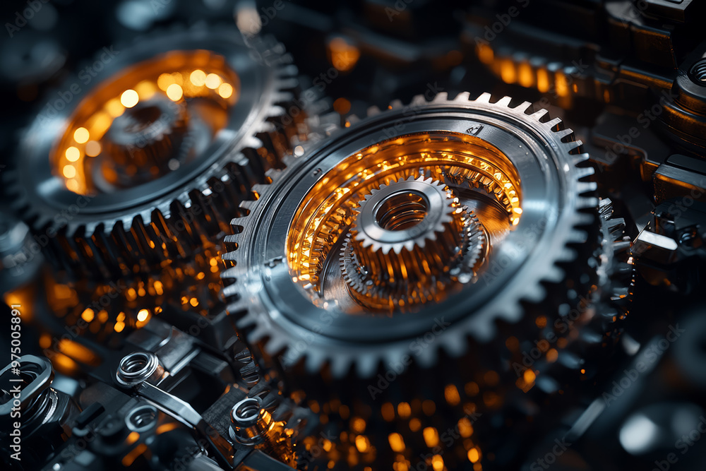 Poster a set of four interconnected gears in motion, depicting the mechanical cycle of interdependent syste