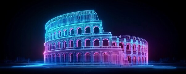 Digital Coliseum glow, neon holographic ruins, futuristic Rome landscape