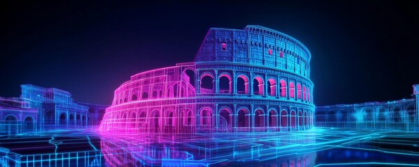 Digital Coliseum glow, neon holographic ruins, futuristic Rome landscape