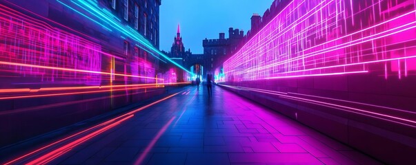 Fototapeta premium Digital Edinburgh Castle ramparts, neon holographic walls, futuristic Scotland