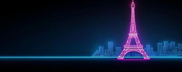 Digital Eiffel Tower, neon glow, augmented reality Paris skyline, night scene
