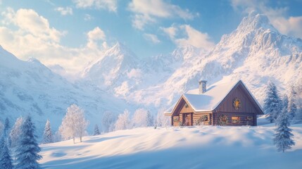 Fototapeta premium A Festive Log Cabin Nestled Among Snow-Covered Mountains