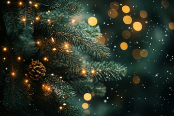 Blurred Christmas tree background with glowing bokeh lights, soft warm light
