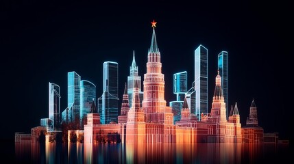 Obraz premium Digital Kremlin Towers, hologram city projection, futuristic Moscow skyline