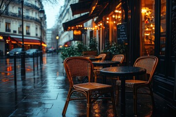 Fototapeta premium A street café in Paris with empty chairs and tables during a rainy evening, with wet cobblestones reflecting city lights.