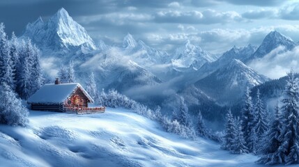 A Cozy Cabin Nestled in a Snowy Mountain Landscape