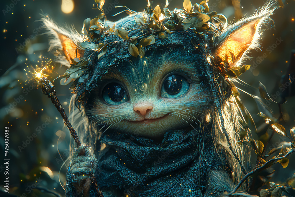 Poster a playful imp with a crooked smile and a tiny wand, causing harmless mischief in a moonlit forest. c