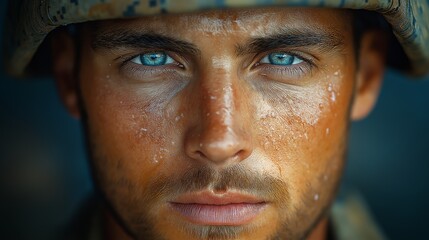 Intense Close-Up of a Soldier's Face with Piercing Blue Eyes and Camouflage Helmet, Reflecting Determination and Focus in a Military Setting