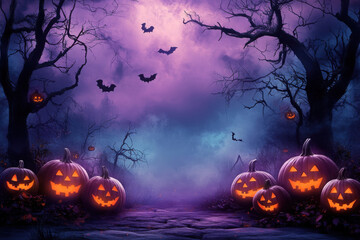 Fototapeta premium spooky halloween illustration for kids carwed pumpkins and copy space in the middle. High quality photo