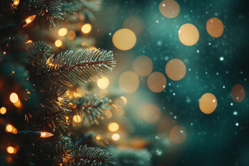 Fototapeta premium Blurred Christmas tree background with glowing bokeh lights, soft warm light