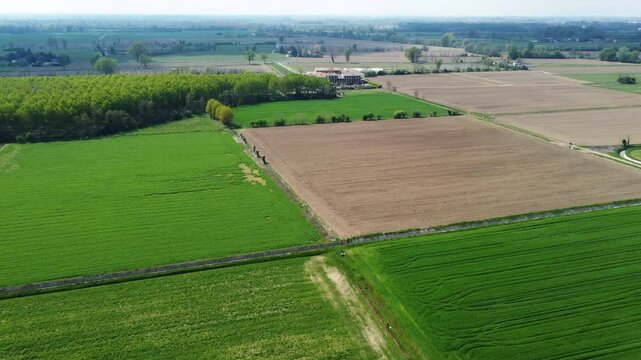 drone shot flying over green fields in the Milanese hinterland
