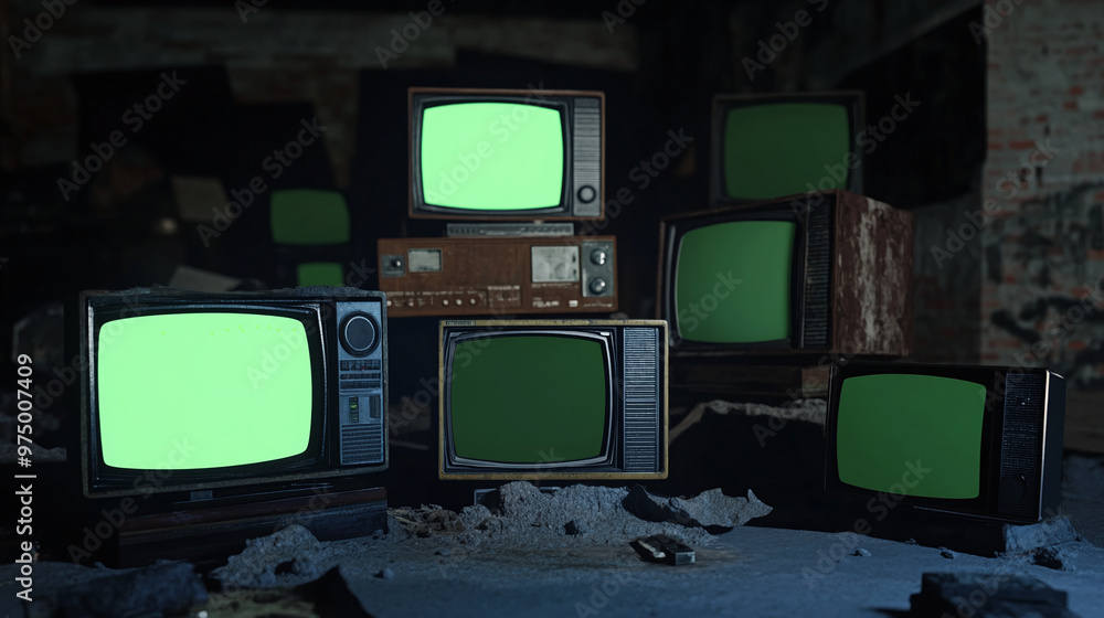 Poster artistic 3d rendered composition stack old classic television with green screen monitors random posi