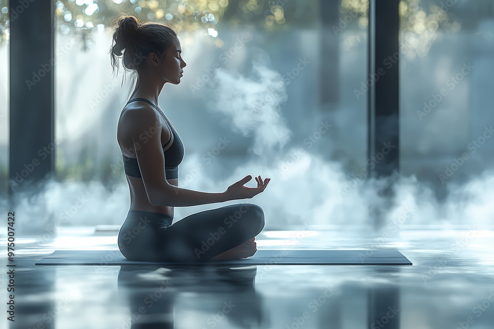 Poster a person practicing yoga with a sequence of poses that flow smoothly from one to the next, embodying
