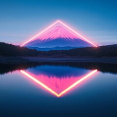 Digital Mont Fuji reflection, neon hologram on lake surface, Japan