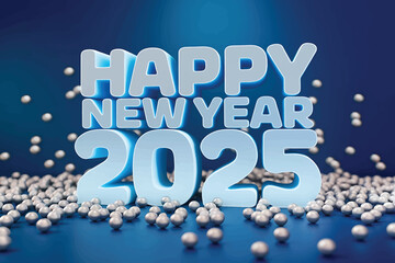 3D Render Happy New Year 2025 Text Typography Design, 3D render 2025 number Realistic colorful bubble
