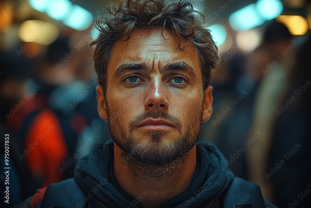 Poster a man with an irritated expression, dealing with a long wait in a crowded area. concept of impatienc