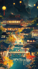 Fototapeta premium a vacation ancient onsen town in japan at night, the town is along the hot spring creek and have beautiful architectures along the water and cherry blossom sakura foliage season in Japan 