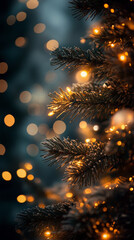 Fototapeta premium Blurred Christmas tree background with glowing bokeh lights, soft warm light