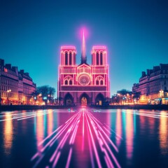 Obraz premium Digital Notre-Dame, neon hologram over cathedral, augmented reality Paris night