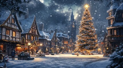 Obraz premium Snowy Christmas Eve in a Quaint European Village