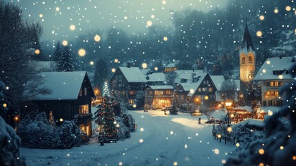 Fototapeta premium Snowy Christmas Village with a Church Tower and Decorated Tree