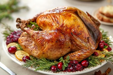 Juicy roasted turkey with golden brown skin, served with cranberry sauce, festive and traditional
