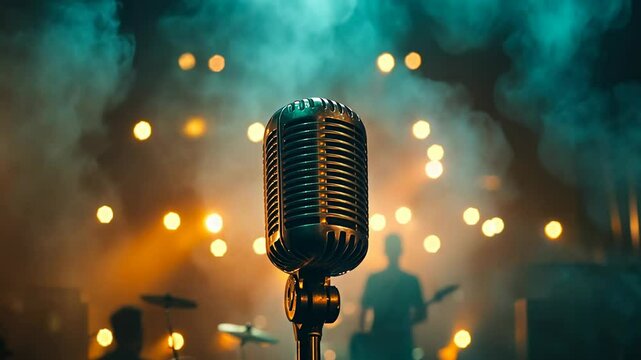A vintage microphone stands at the center of a stage during a live performance. The background features a blurred band, warm lights, and a smoky ambiance, creating a nostalgic and intimate
