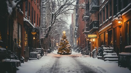 Snowy Alleyway with Christmas Tree and Illuminated Storefronts