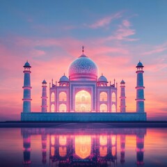 Fototapeta premium Digital Taj Mahal, glowing hologram, vibrant sunset, futuristic Agra