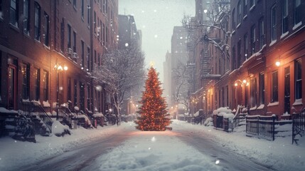 A Christmas Tree Stands Alone on a Snowy Street in a City