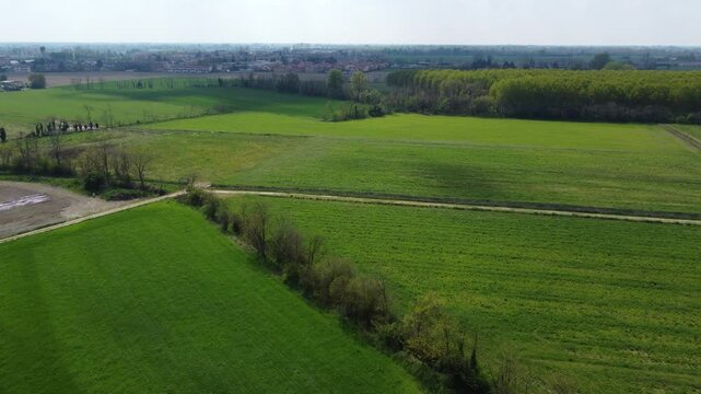 drone shot flying over green fields in the Milanese hinterland