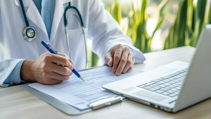 Fototapeta premium the close up picture of doctor who is reading the case files and prescript for the patients