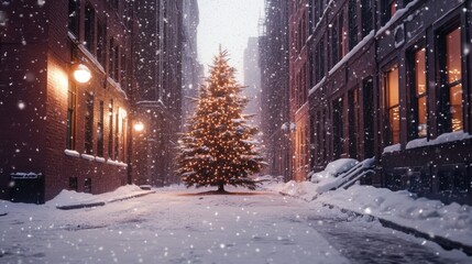 A Snowy City Alleyway with a Decorated Christmas Tree