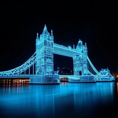 Digital Tower Bridge, glowing hologram over Thames, augmented reality London