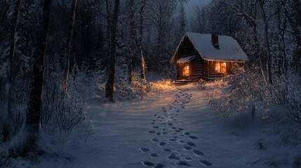A Cozy Cabin Illuminated in a Snowy Forest at Night