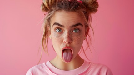 Attractive woman making funny face sticking out tongue and looking at camera against pink background.