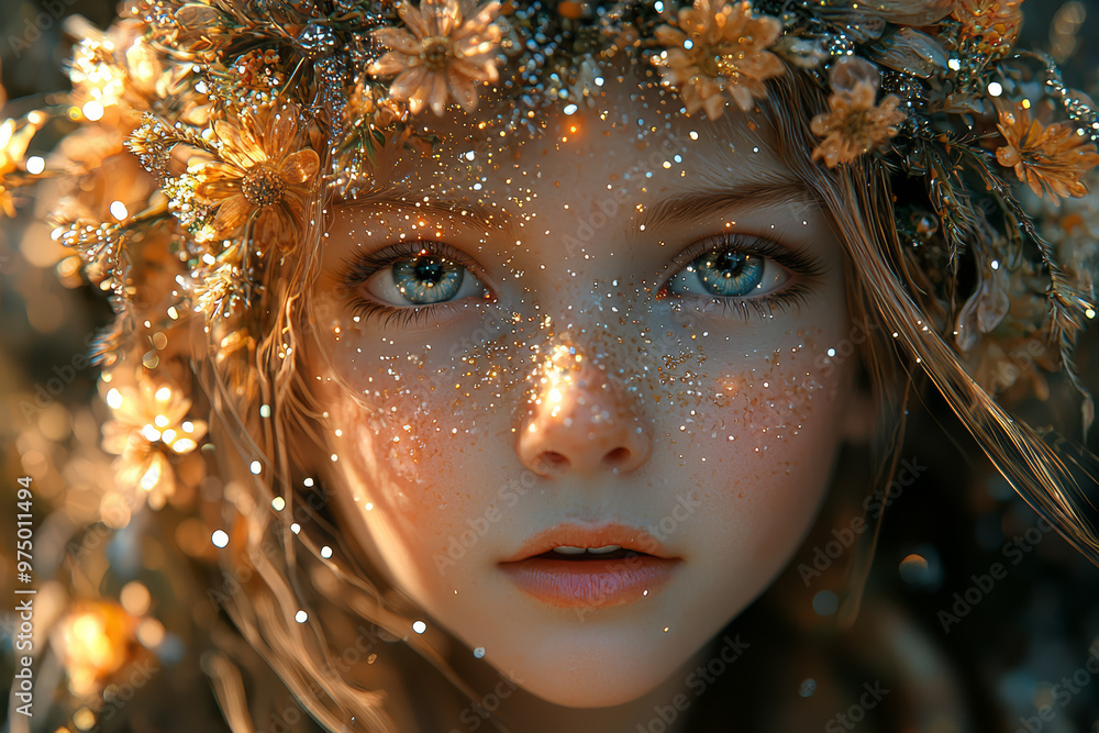 Poster a charming sprite with a mischievous look, darting between flowers and spreading sparkling dust. con