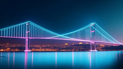 Fototapeta premium Hologram Bosphorus Bridge, digital glow, neon Istanbul, futuristic Turkey