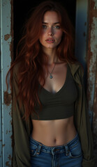 Red-haired woman posing in casual outfit by an old door outdoors