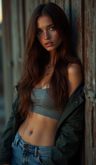 Naklejka premium Freckled woman in green crop top posing confidently outdoors